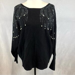 Oliver.o stunning black sweater with rhinestone and pearl angel wings XL NWT